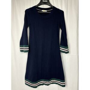 Boden “Trudy” Knitted Dress Size US 6 Navy & Green Wool Cotton Blend 3/4 Sleeves